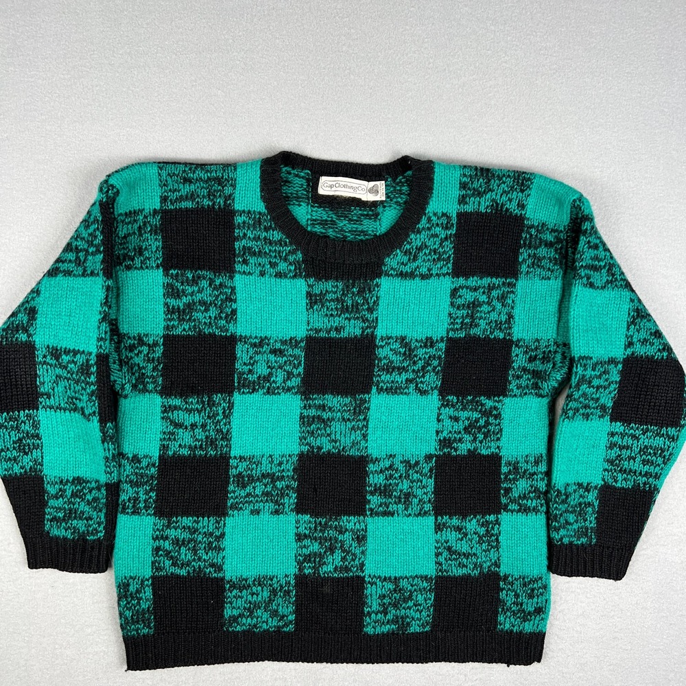 VTG Gap Checkerboard Knit Sweater Fits Small Wool Green Black Crewneck 1980s